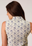 WOMENS SLEEVELESS SNAP CREAM AND NAVY VINTAGE FLORAL PRINT WESTERN SHIRT