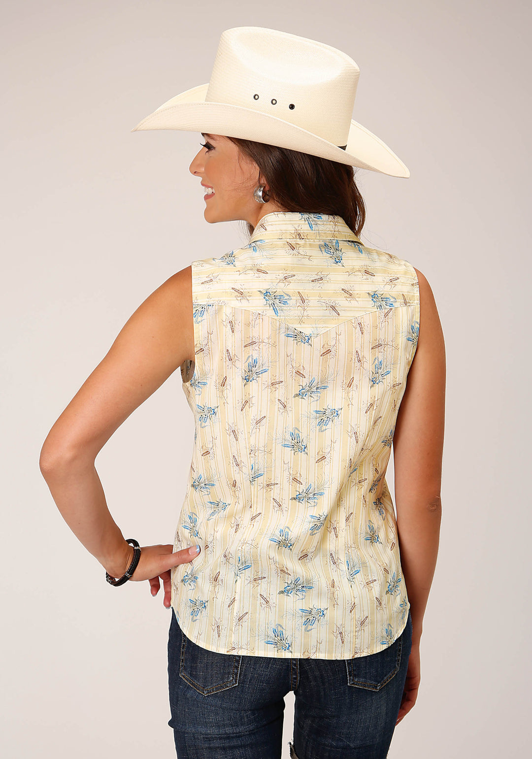 WOMENS SLEEVELESS SNAP VINTAGE WHEAT PRINT WESTERN SHIRT