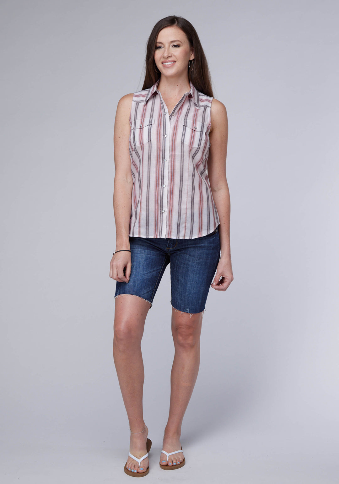 WOMENS WHITE BLUE CORAL STIRIPE SLEEVELESS SNAP WESTERN SHIRT