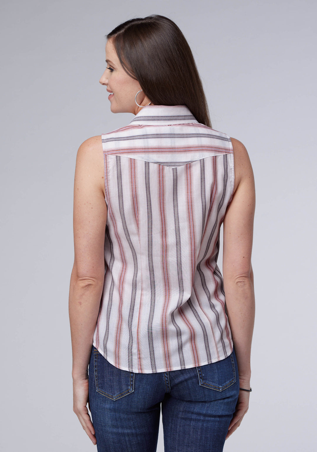 WOMENS WHITE BLUE CORAL STIRIPE SLEEVELESS SNAP WESTERN SHIRT