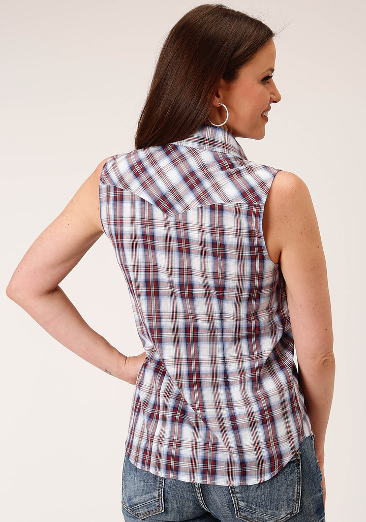 WOMENS SLEEVELESS SNAP WINE  NAVY  WHITE PLAID WESTERN SHIRT