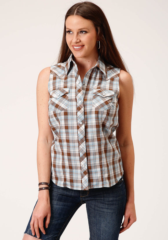 WOMENS SLEEVELESS SNAP BROWN  BLUE AND WHITE PLAID WESTERN SHIRT