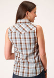 WOMENS SLEEVELESS SNAP BROWN  BLUE AND WHITE PLAID WESTERN SHIRT