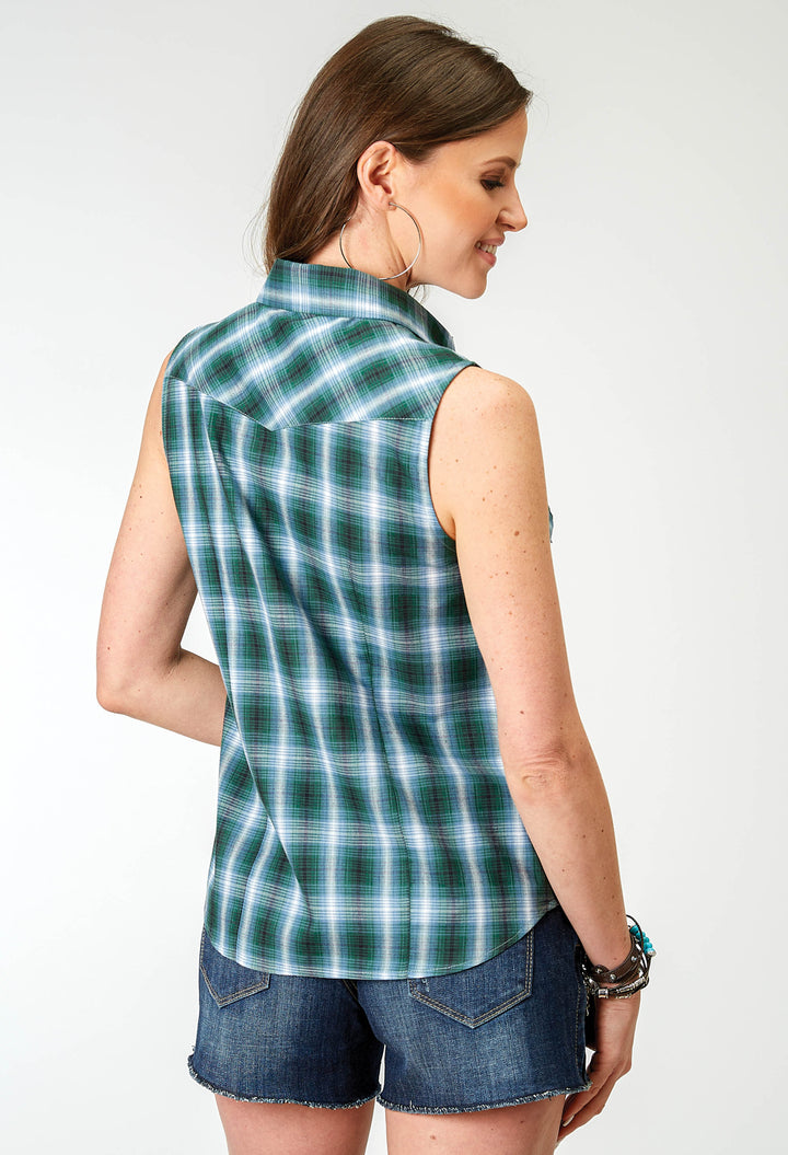 WOMENS SLEEVELESS SNAP OCEAN PLAID WESTERN SHIRT