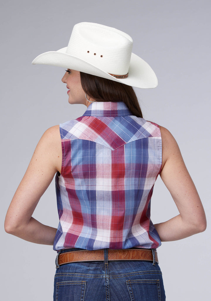 WOMENS RED AND WHITE PLAID WITH LUREX SLEEVELESS SNAP WESTERN SHIRT