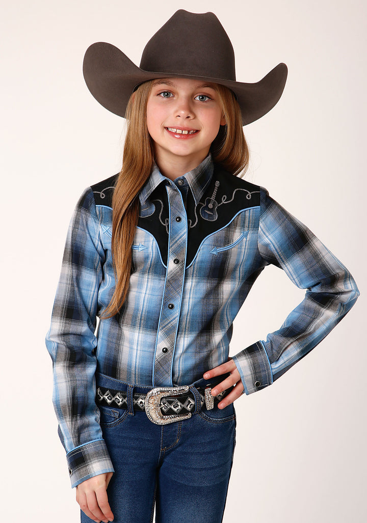 GIRLS LONG SLEEVE SNAP LIGHT BLUE AND NAVY PLAID WESTERN SHIRT