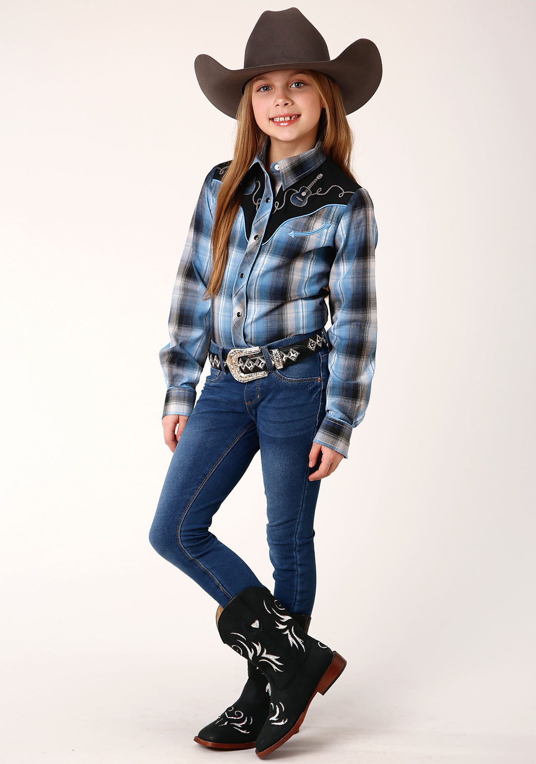 GIRLS LONG SLEEVE SNAP LIGHT BLUE AND NAVY PLAID WESTERN SHIRT