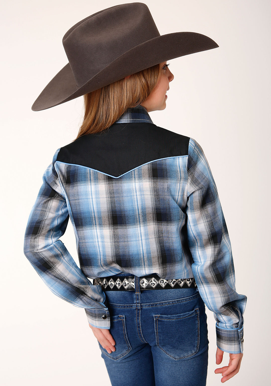GIRLS LONG SLEEVE SNAP LIGHT BLUE AND NAVY PLAID WESTERN SHIRT