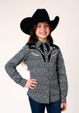 GIRLS LONG SLEEVE SNAP BLACK WHITE FLORAL PRINT WESTERN SHIRT WITH PIPING AND APPLIQUE ON YOKES