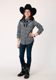 GIRLS LONG SLEEVE SNAP BLACK WHITE FLORAL PRINT WESTERN SHIRT WITH PIPING AND APPLIQUE ON YOKES