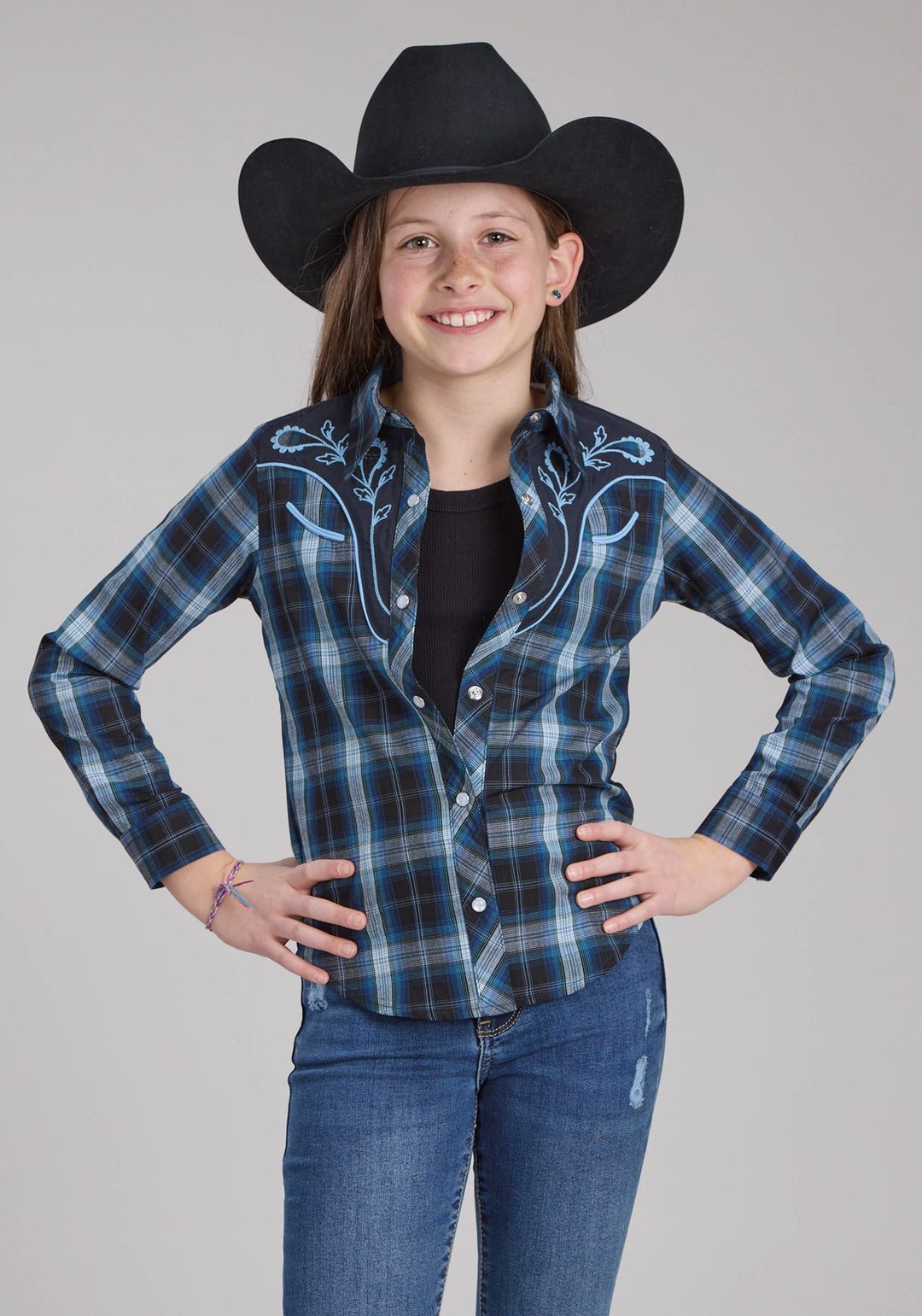 GIRLS MULIT BLUE WINDOWPANE PLAID LONG SLEEVE SNAP WESTERN SHIRT