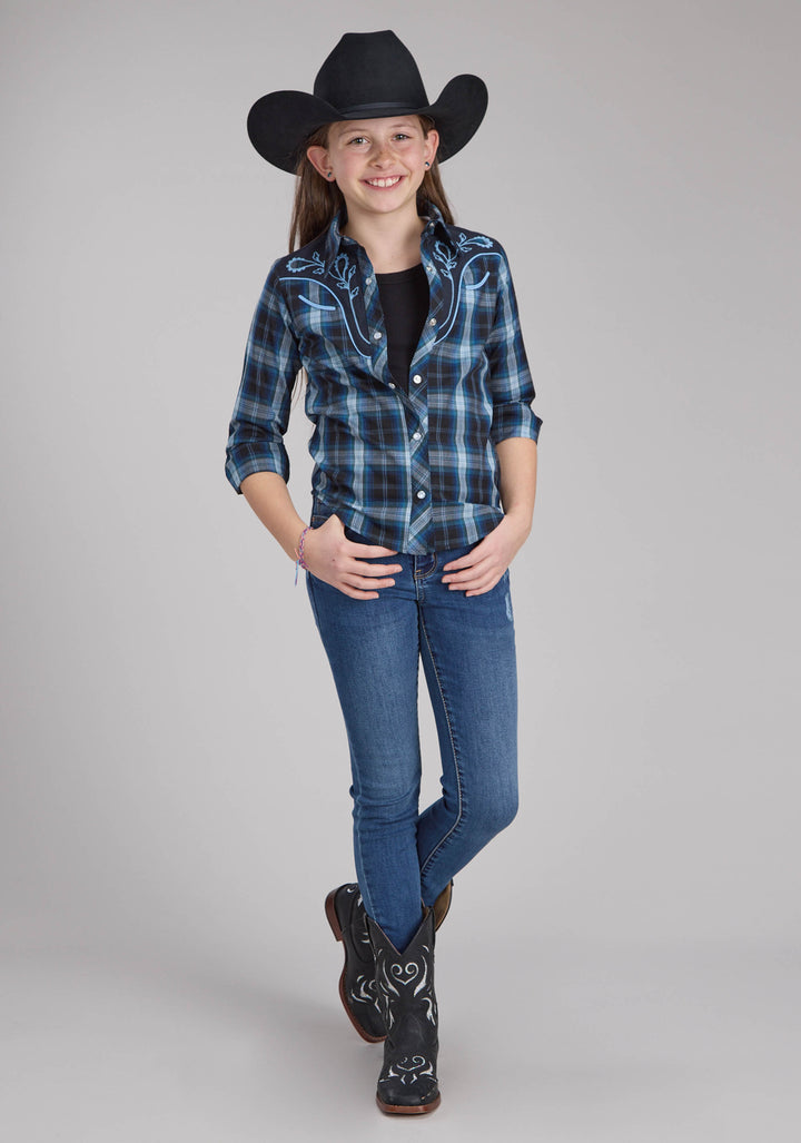 GIRLS MULIT BLUE WINDOWPANE PLAID LONG SLEEVE SNAP WESTERN SHIRT