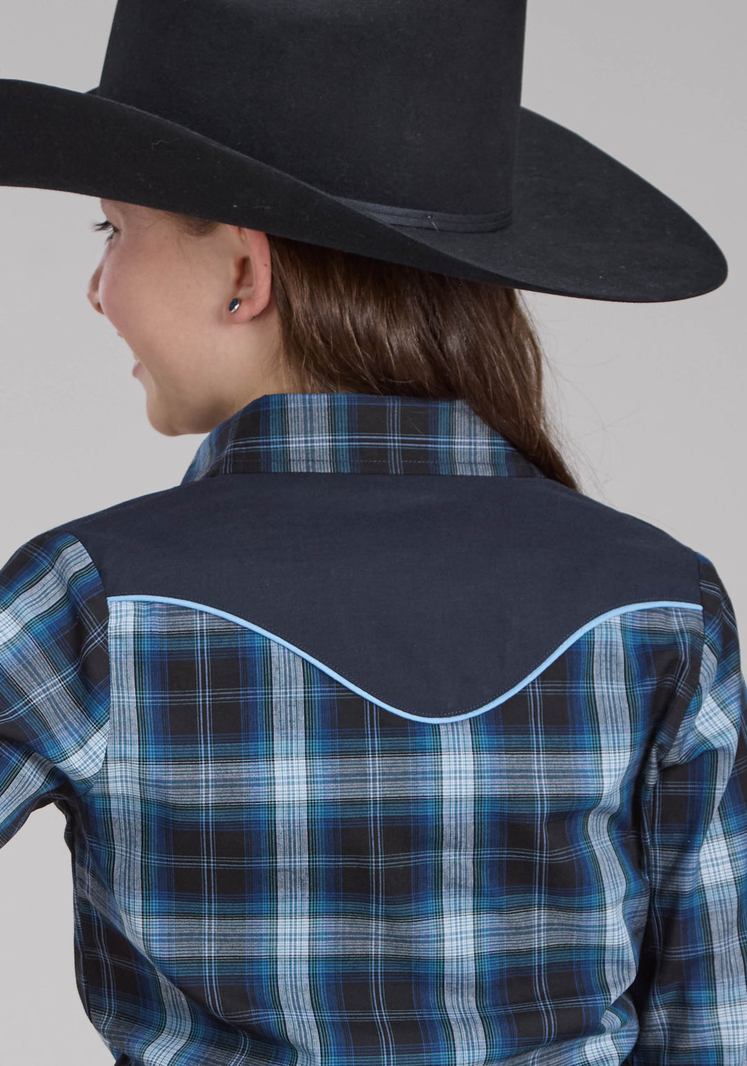 GIRLS MULIT BLUE WINDOWPANE PLAID LONG SLEEVE SNAP WESTERN SHIRT