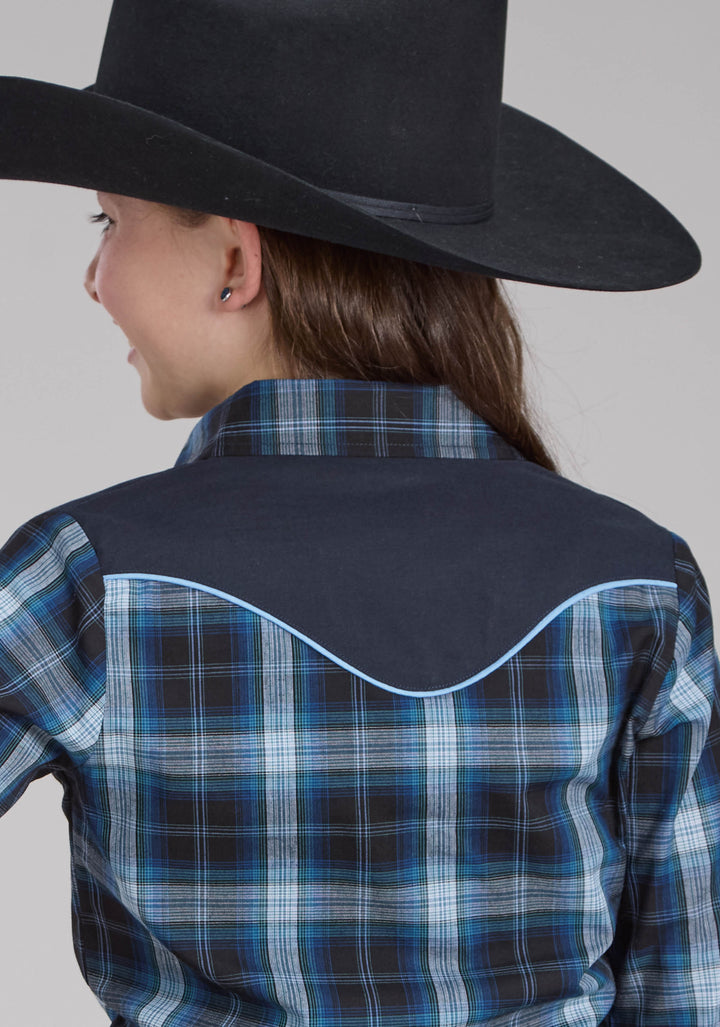 GIRLS MULIT BLUE WINDOWPANE PLAID LONG SLEEVE SNAP WESTERN SHIRT