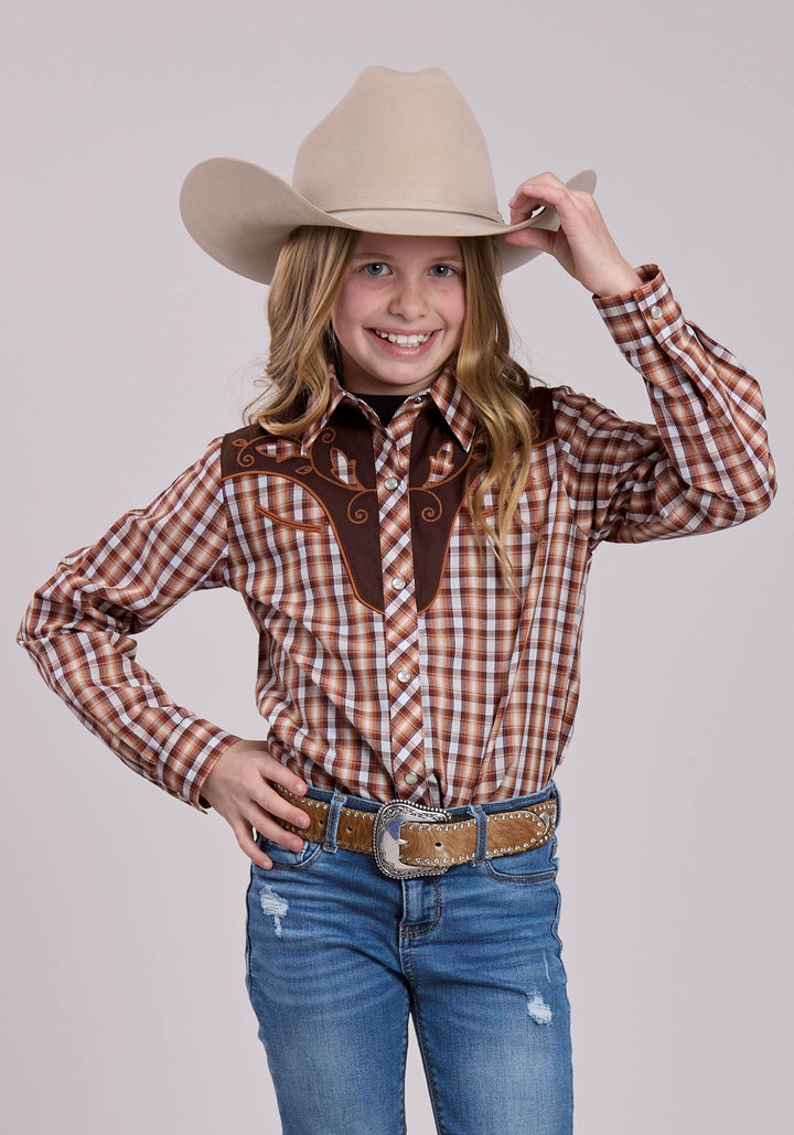 GIRLS LONG SLEEVE SNAP BROWN AND CREAM PLAID WESTERN SHIRT