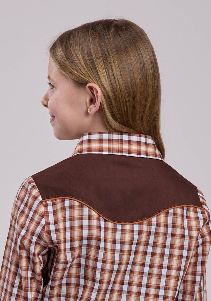 GIRLS LONG SLEEVE SNAP BROWN AND CREAM PLAID WESTERN SHIRT
