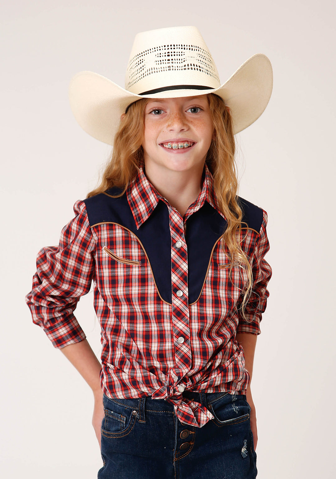 GIRLS LONG SLEEVE SNAP RED NAVY AND CREAM SMALL SCALE PLAID WESTERN SHIRT