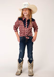GIRLS LONG SLEEVE SNAP RED NAVY AND CREAM SMALL SCALE PLAID WESTERN SHIRT