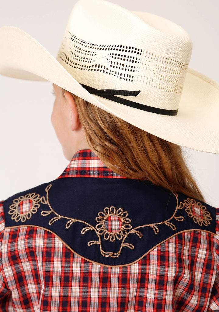 GIRLS LONG SLEEVE SNAP RED NAVY AND CREAM SMALL SCALE PLAID WESTERN SHIRT