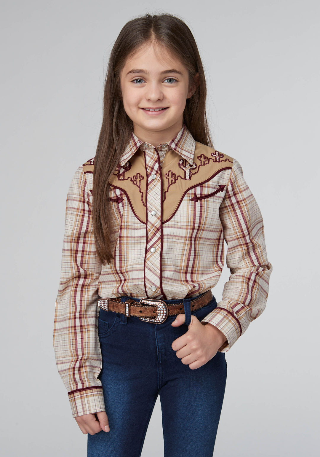 GIRLS TAN CREAM AND WINE PLAID LONG SLEEVE SNAP WESTERN SHIRT