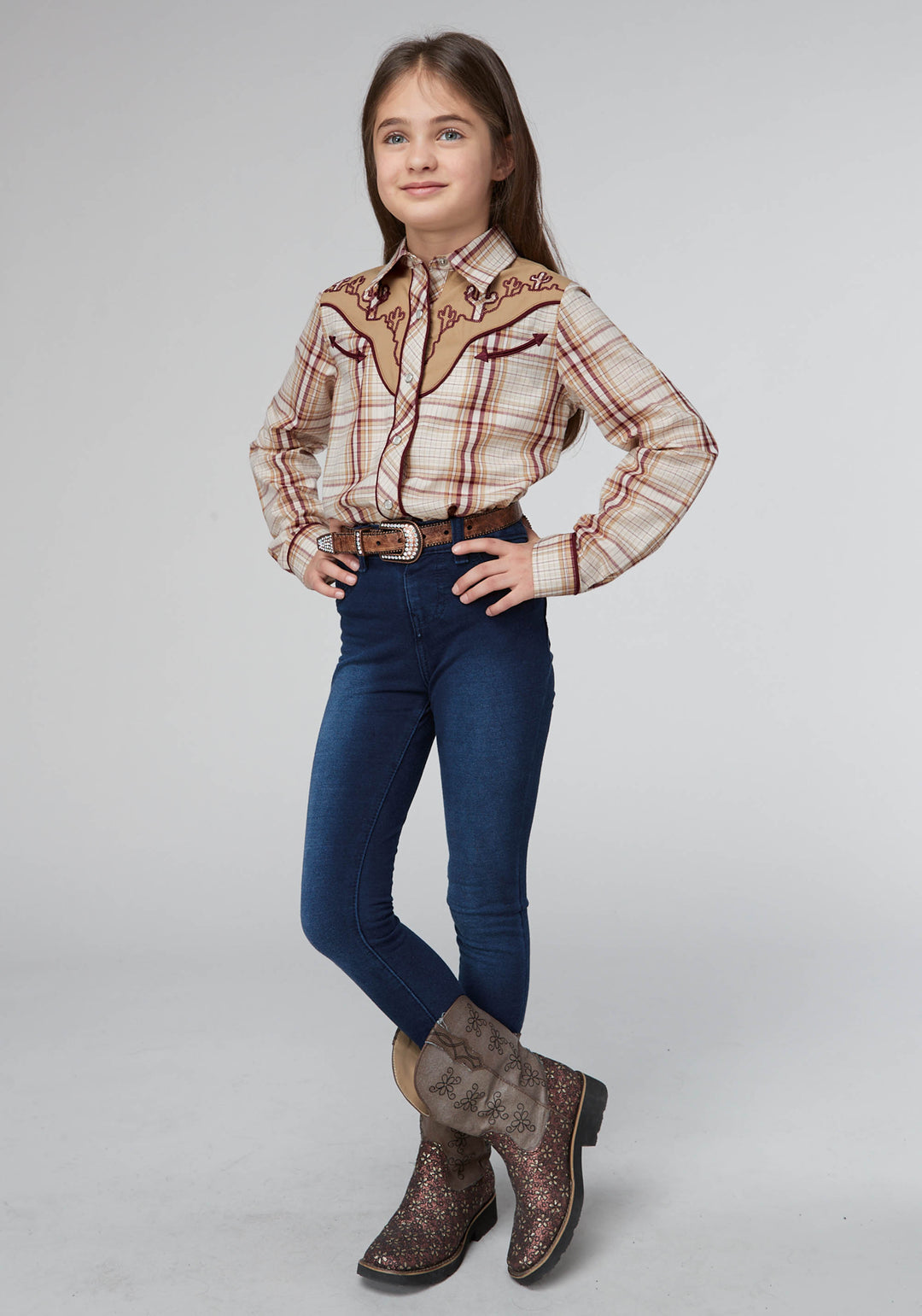 GIRLS TAN CREAM AND WINE PLAID LONG SLEEVE SNAP WESTERN SHIRT