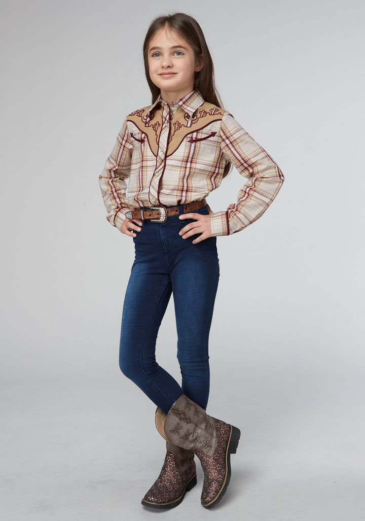 GIRLS TAN CREAM AND WINE PLAID LONG SLEEVE SNAP WESTERN SHIRT