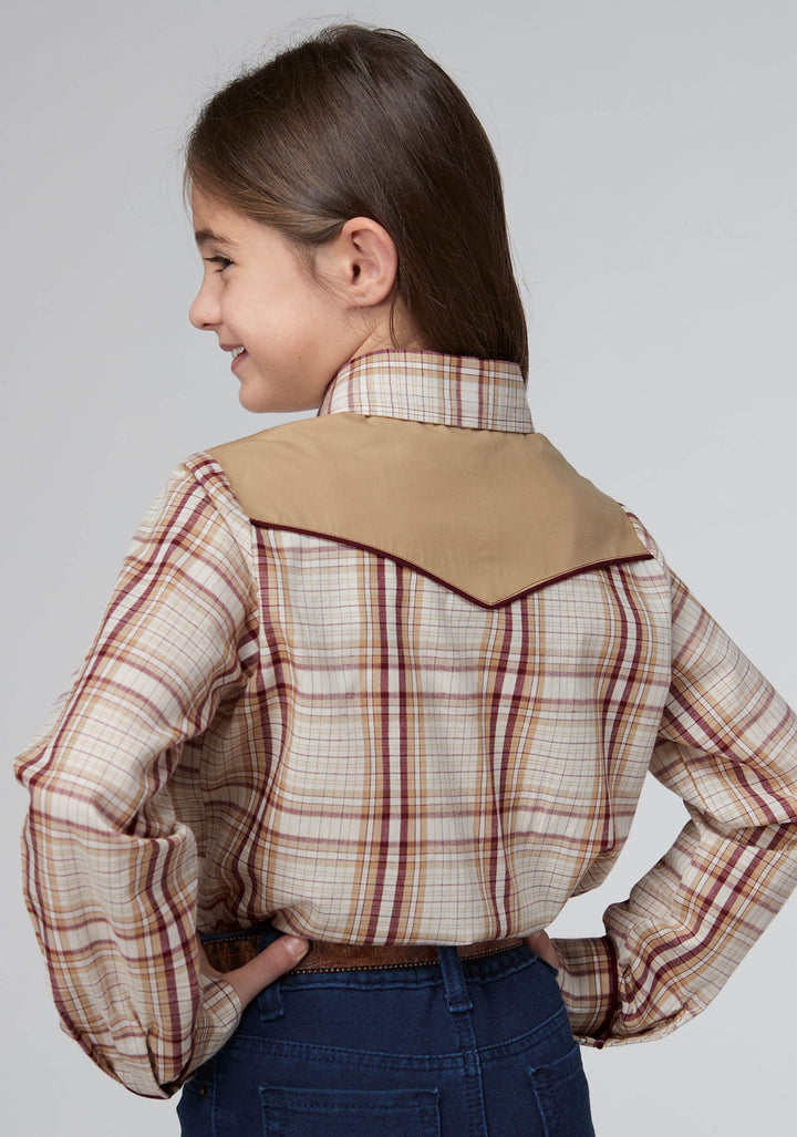 GIRLS TAN CREAM AND WINE PLAID LONG SLEEVE SNAP WESTERN SHIRT