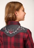 GIRLS LONG SLEEVE SNAP RED AND CHARCOAL PLAID WESTERN SHIRT