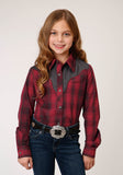 GIRLS LONG SLEEVE SNAP RED AND CHARCOAL PLAID WESTERN SHIRT