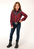 GIRLS LONG SLEEVE SNAP RED AND CHARCOAL PLAID WESTERN SHIRT