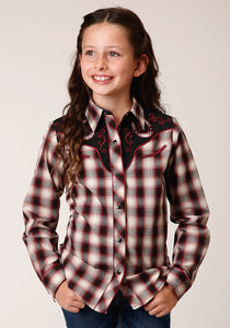 GIRLS LONG SLEEVE SNAP WINE BLACK CREAM PLAID WESTERN SHIRT WITH PIPING AND APPLIQUE ON YOKES