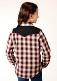 GIRLS LONG SLEEVE SNAP WINE BLACK CREAM PLAID WESTERN SHIRT WITH PIPING AND APPLIQUE ON YOKES