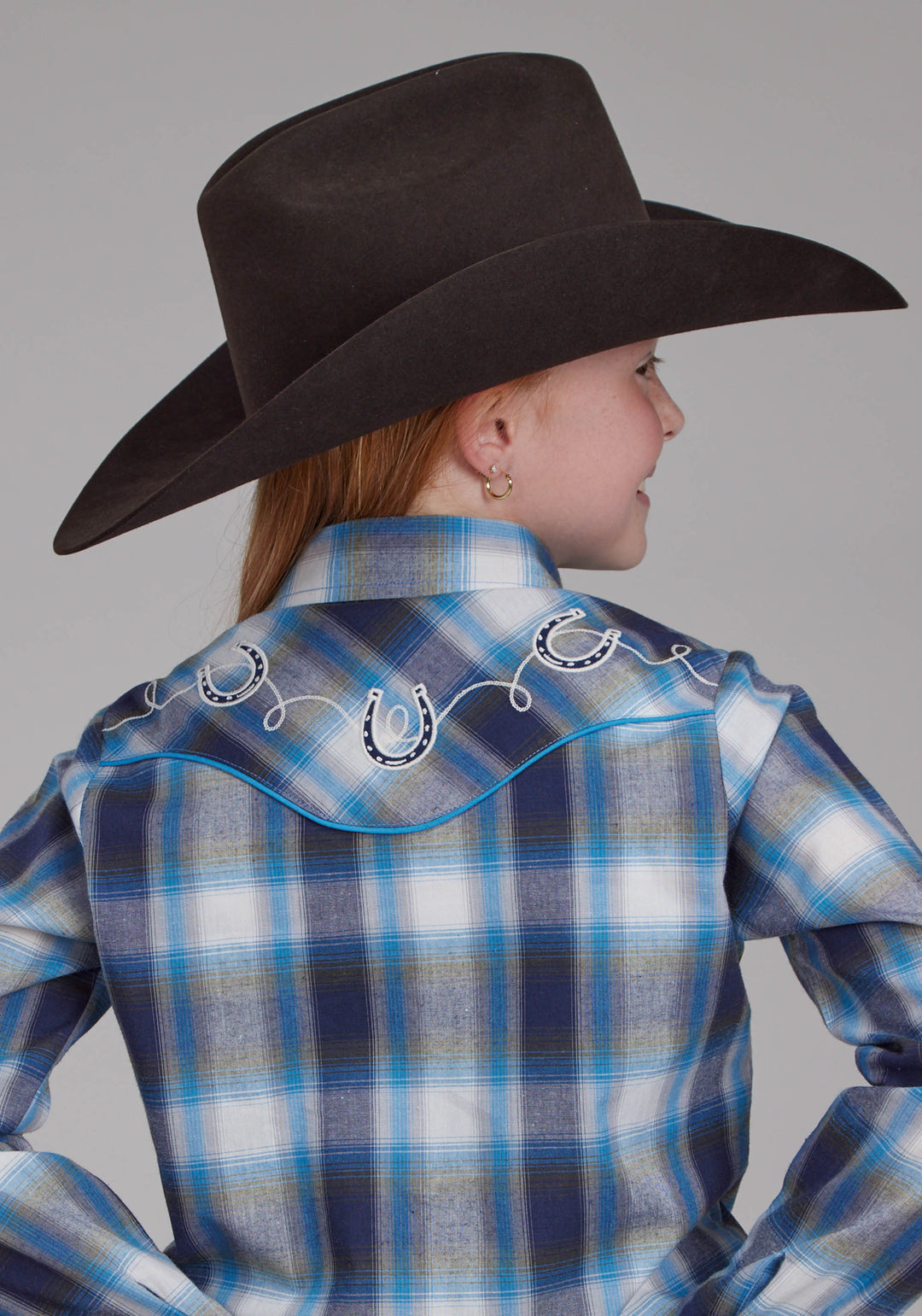 GIRLS MULTI BLUE AND WHITE PLAID LONG SLEEVE SNAP WESTERN SHIRT