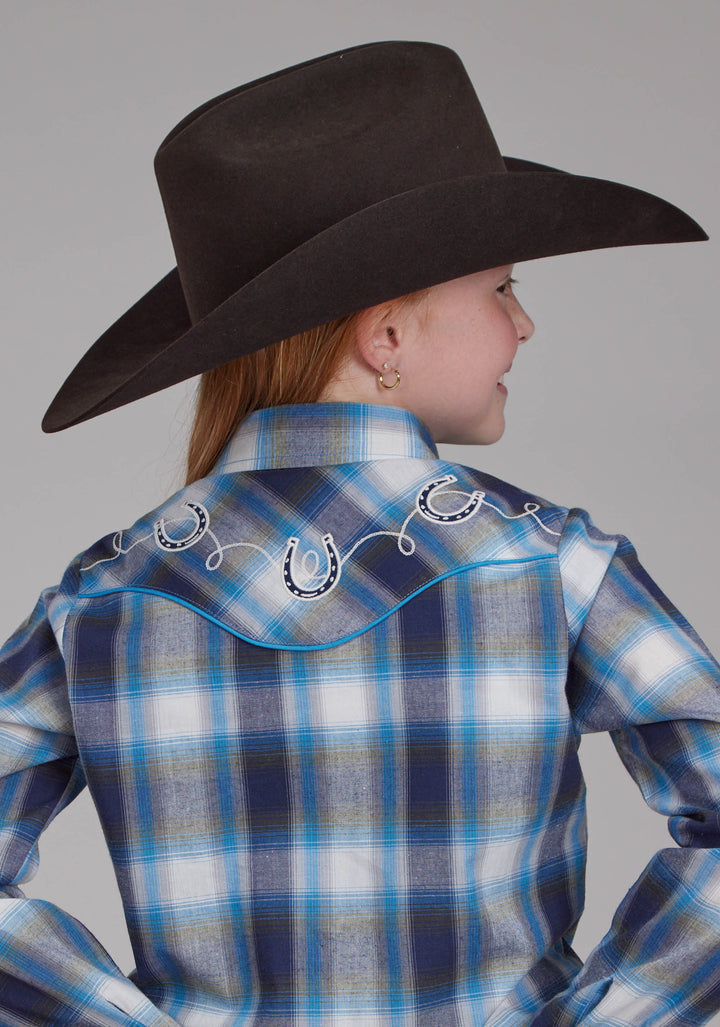 GIRLS MULTI BLUE AND WHITE PLAID LONG SLEEVE SNAP WESTERN SHIRT