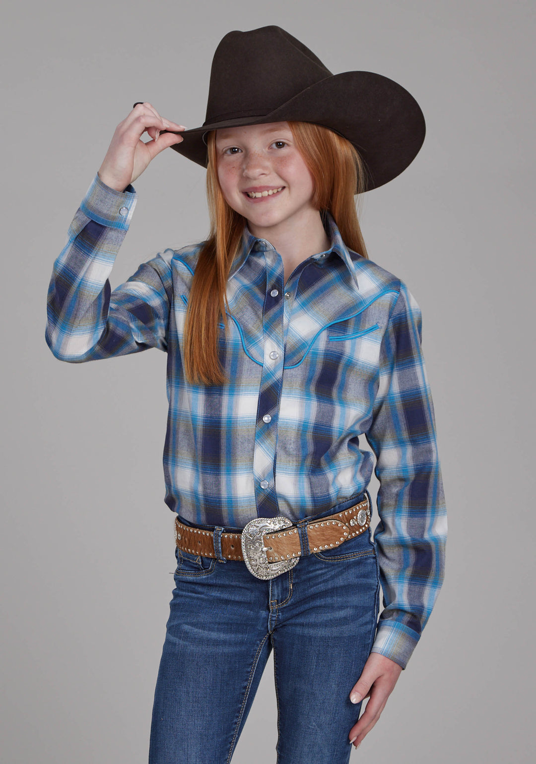 GIRLS MULTI BLUE AND WHITE PLAID LONG SLEEVE SNAP WESTERN SHIRT