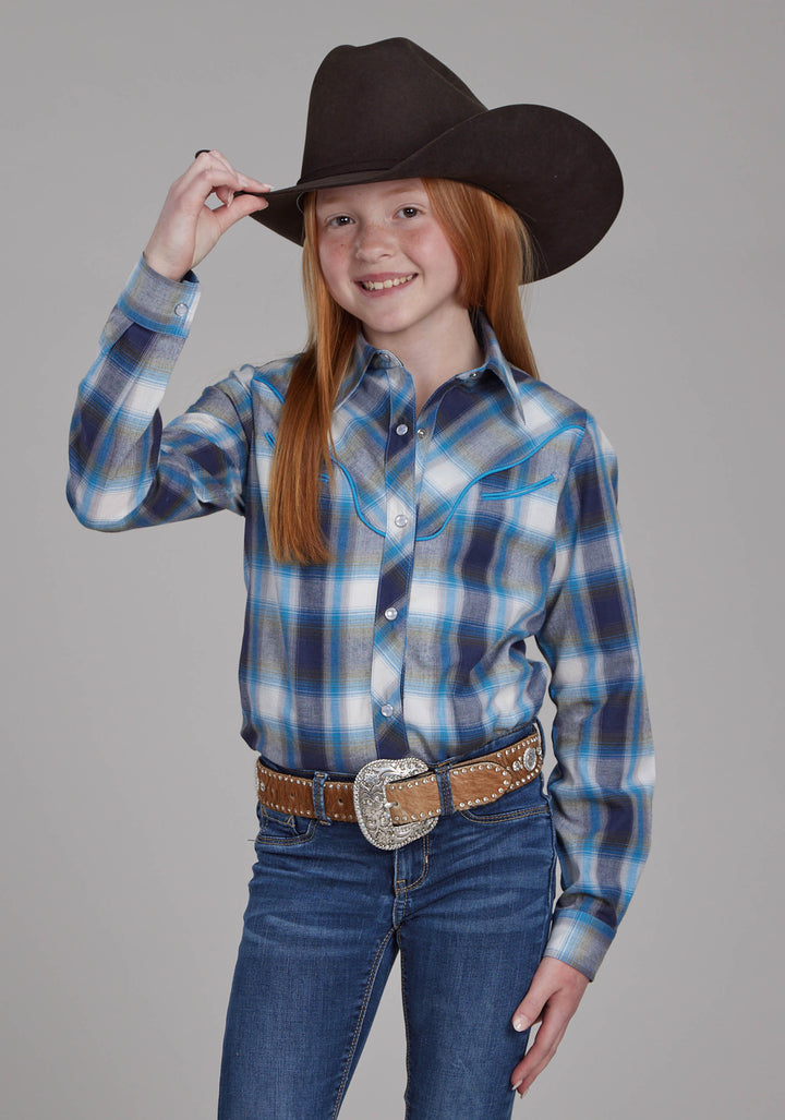 GIRLS MULTI BLUE AND WHITE PLAID LONG SLEEVE SNAP WESTERN SHIRT