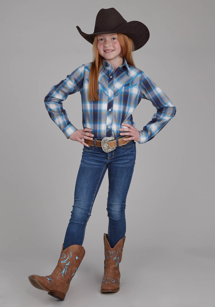 GIRLS MULTI BLUE AND WHITE PLAID LONG SLEEVE SNAP WESTERN SHIRT