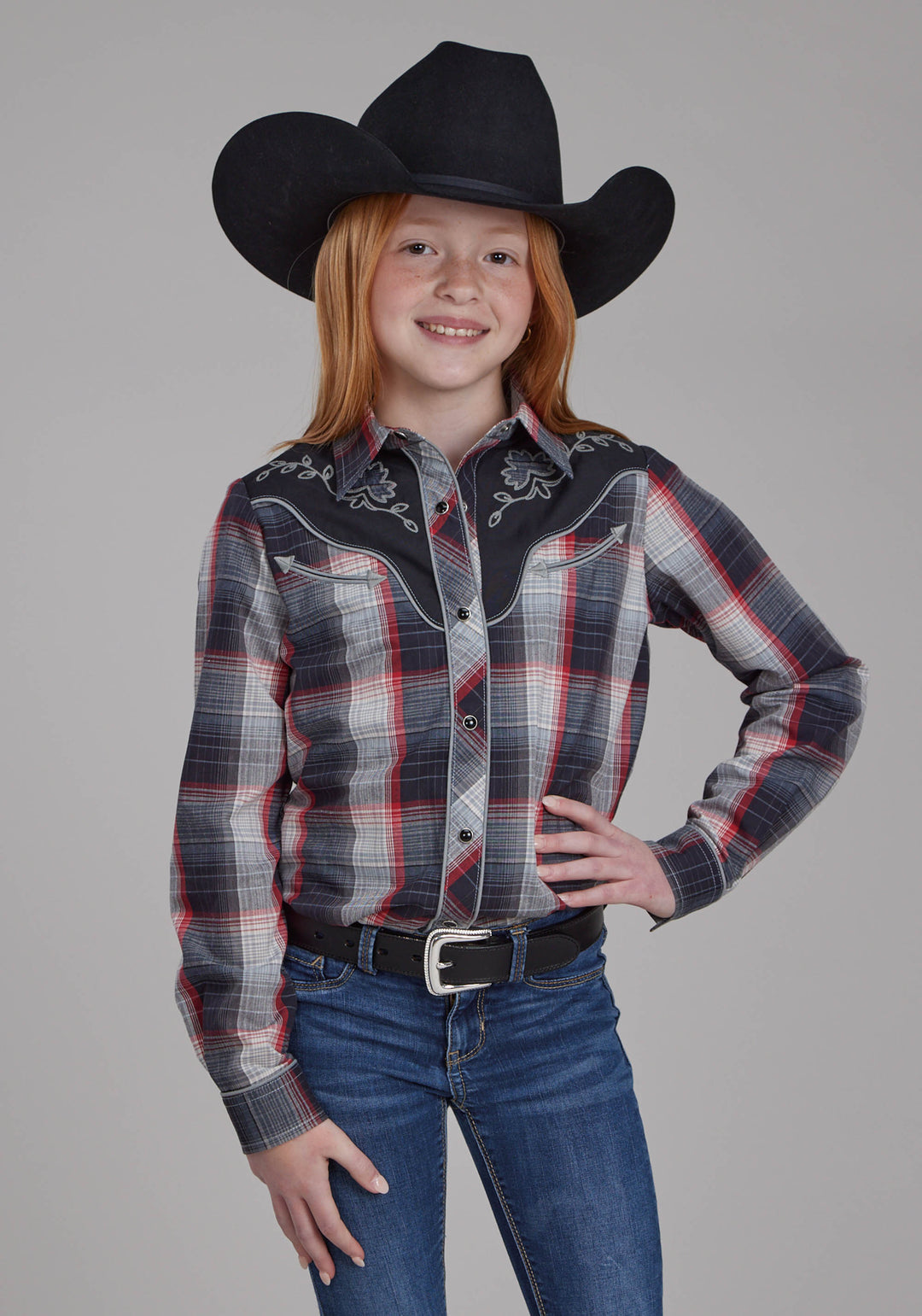 GIRLS BLACK GRAY CREAM AND RED PLAID LONG SLEEVE SNAP WESTERN SHIRT