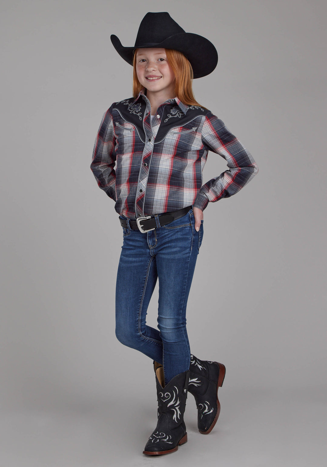 GIRLS BLACK GRAY CREAM AND RED PLAID LONG SLEEVE SNAP WESTERN SHIRT