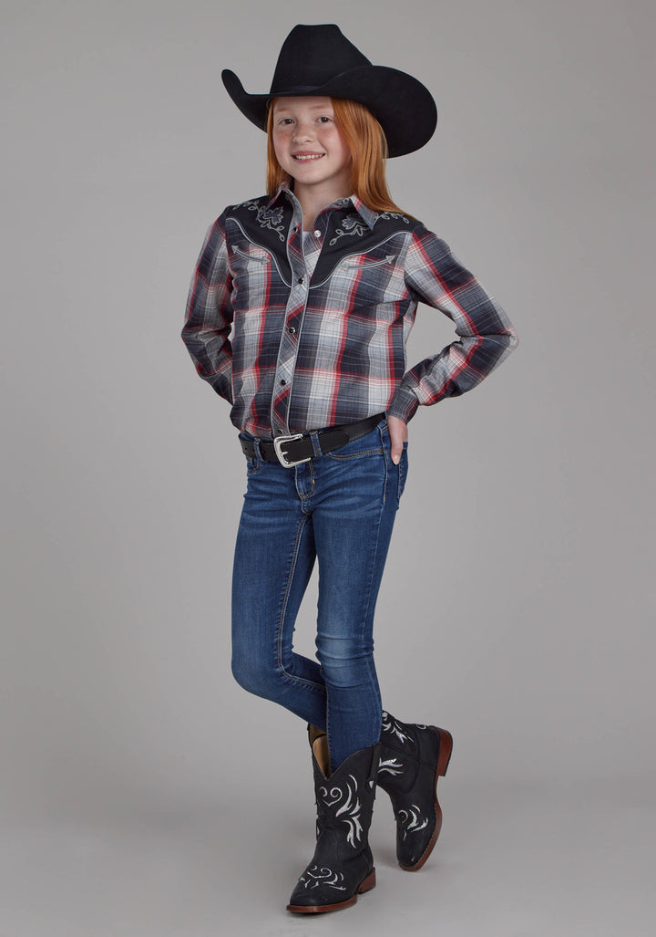 GIRLS BLACK GRAY CREAM AND RED PLAID LONG SLEEVE SNAP WESTERN SHIRT