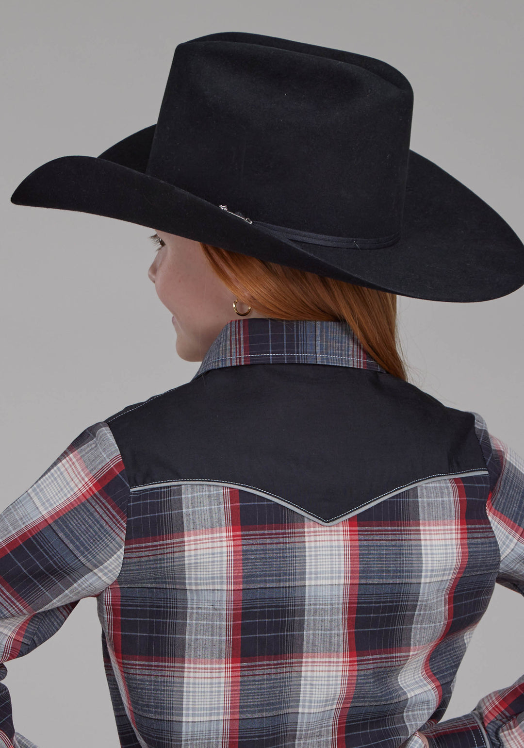 GIRLS BLACK GRAY CREAM AND RED PLAID LONG SLEEVE SNAP WESTERN SHIRT