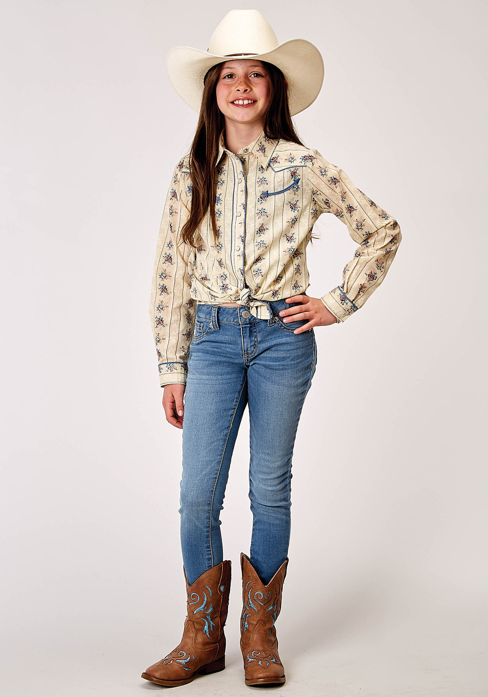 GIRLS LONG SLEEVE SNAP FLORAL STRIPE WESTERN SHIRT WITH SOLID PIPING ON FRONT AND BACK YOKES SMILE POCKETS