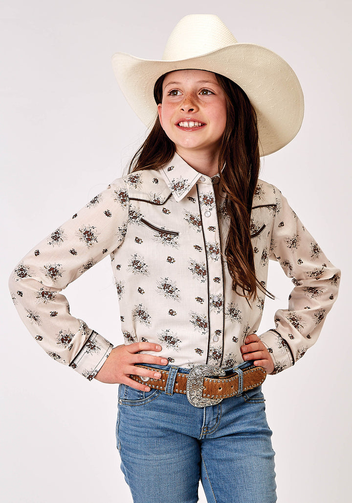 GIRLS LONG SLEEVE SNAP VINTAGE FLORAL WESTERN SHIRT WITH SOLID PIPING ON FRONT AND BACK YOKES SMILE POCKETS