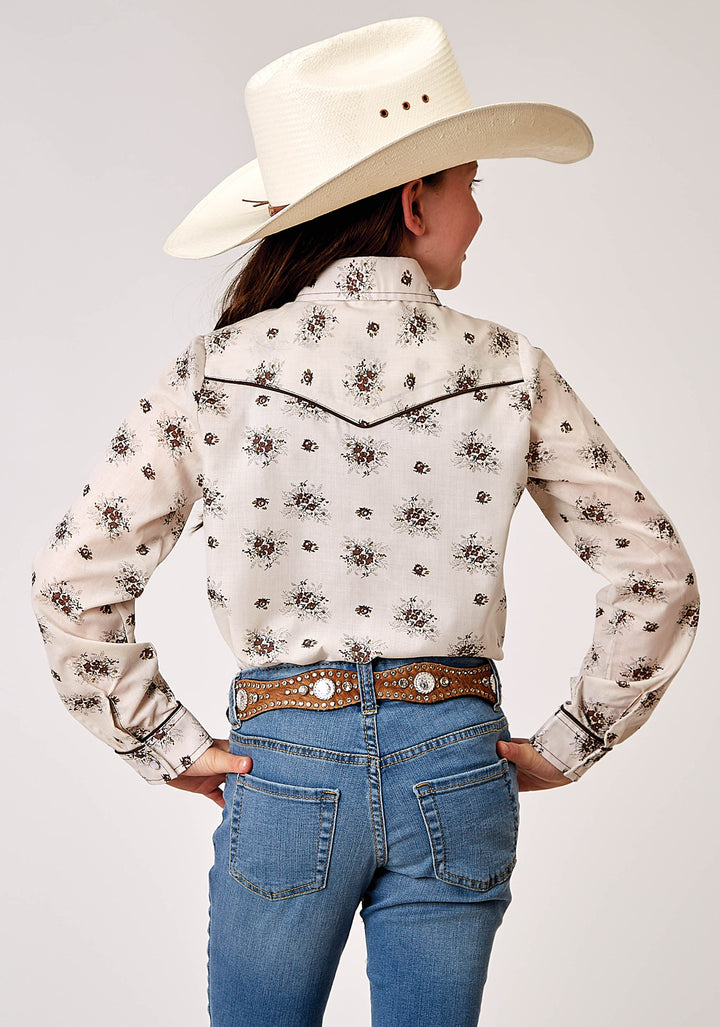 GIRLS LONG SLEEVE SNAP VINTAGE FLORAL WESTERN SHIRT WITH SOLID PIPING ON FRONT AND BACK YOKES SMILE POCKETS