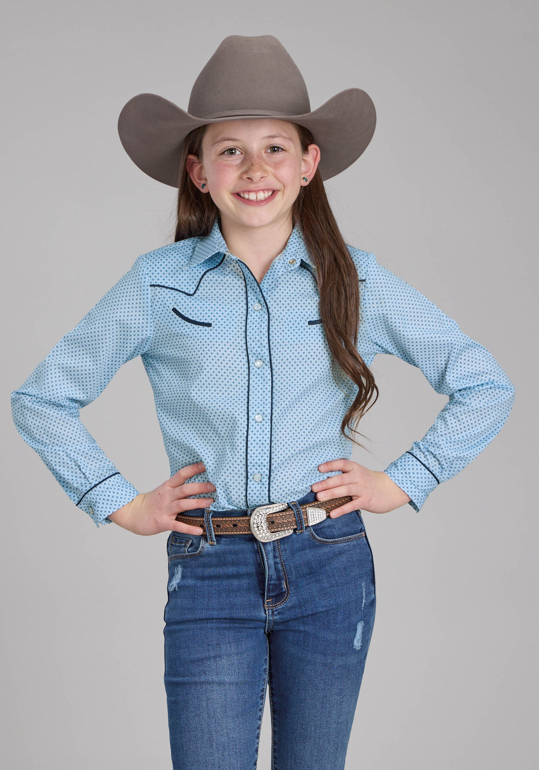 GIRLS BLUE MINI CROSS PRINT LONG SLEEVE SNAP WESTERN SHIRT