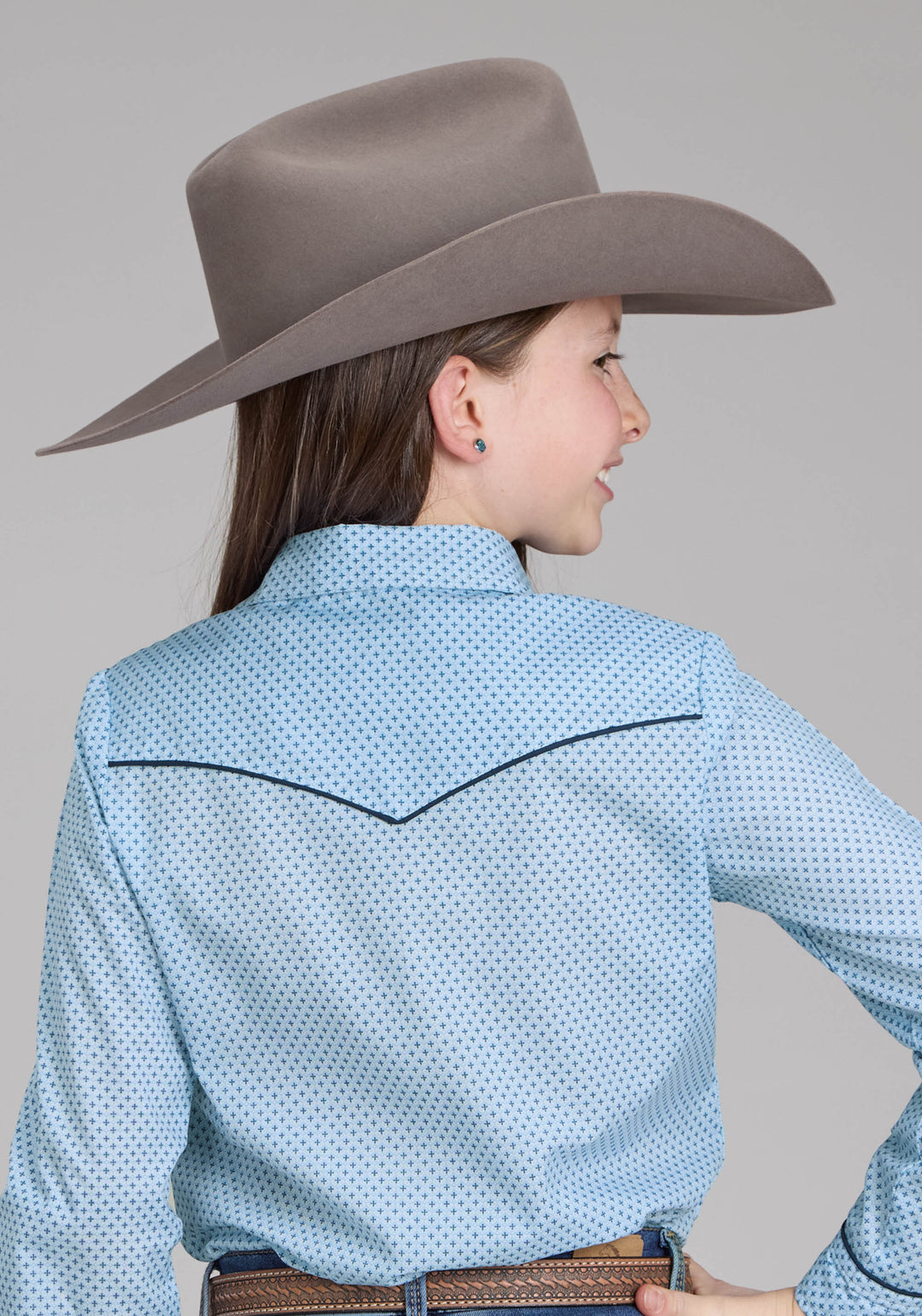 GIRLS BLUE MINI CROSS PRINT LONG SLEEVE SNAP WESTERN SHIRT