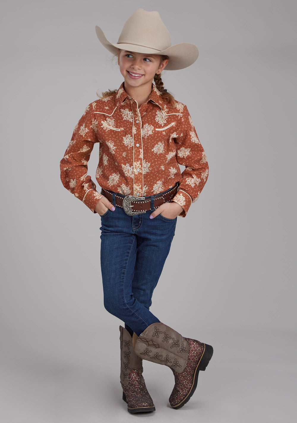 GIRLS ORANGE AND CREAM FLORAL PRINT LONG SLEEVE SNAP WESTERN SHIRT