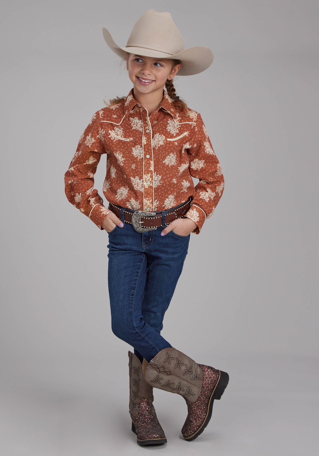 GIRLS ORANGE AND CREAM FLORAL PRINT LONG SLEEVE SNAP WESTERN SHIRT