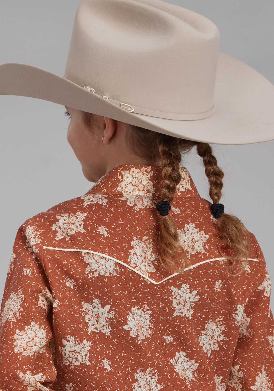 GIRLS ORANGE AND CREAM FLORAL PRINT LONG SLEEVE SNAP WESTERN SHIRT