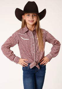 GIRLS LONG SLEEVE SNAP CREAM AND RED FLORAL PRINT WESTERN SHIRT